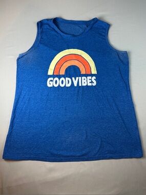 Women’s Blue 'Good Vibes' Graphic Tank Top Sleeveless Crew Neck XL